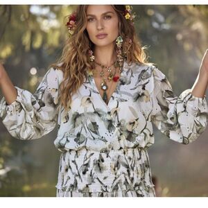 Calligraphie Boho Floral Top Eyelet Smocked Waist Blouse Cottagecore Chic Size L